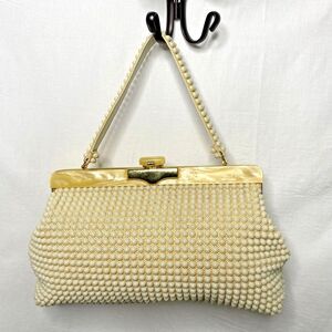Vintage JEM Handbag Lucite Beaded British Hong Kong Mid Century Hand-Made Creme